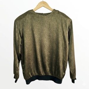 VTG 80s Cargo Metallic Gold Cheetah Satin Bomber Blouse Made in USA L